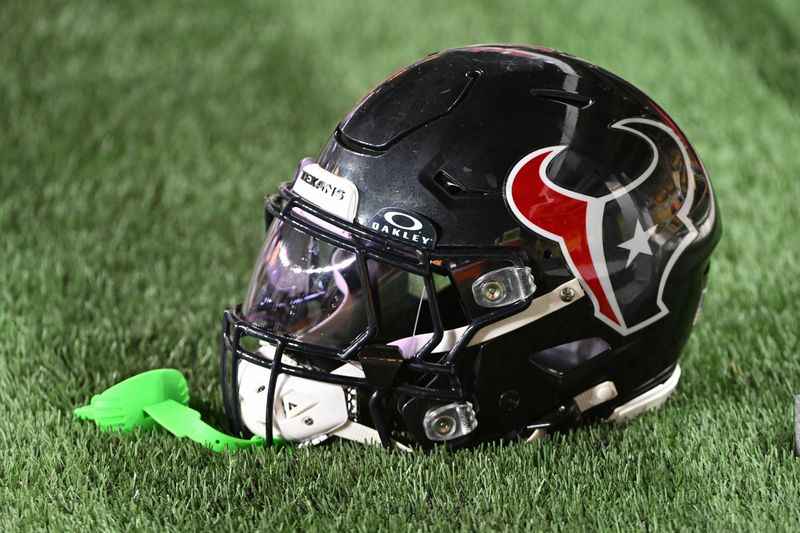 Aug 9, 2024; Pittsburgh, Pennsylvania, USA; A Houston Texans helmet sits on the sidelines during the 4th quarter against the Pittsburgh Steelers at Acrisure Stadium. Mandatory Credit: Barry Reeger-USA TODAY Sports
