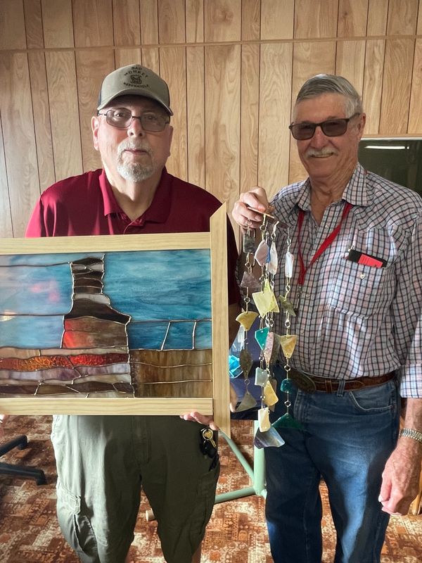People with the Canyon Senior Citizens Center collected shattered glass from the windows, which Canyon citizen Stephen Keith used in a framed, stained-glass version of the Palo Duro Canyon Lighthouse, and Big Papa’s Glass in Canyon made some stained glass wind chimes. Proceeds from the artwork will go toward repairs.