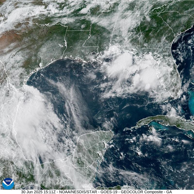 Cloud cover spreads over Mexico from the remnants of Barry, while the National Hurricane Center keeps watch over the disorganized systems of storms and clouds over Florida's west coast.