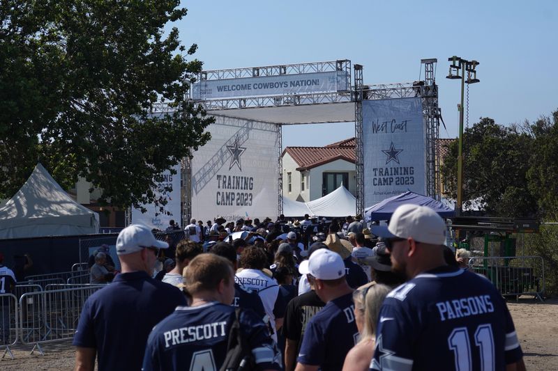 Jul 29, 2023; Oxnard, CA, USA; Fans arrive during Dallas Cowboys training camp at the River Ridge Fields. Mandatory Credit: Kirby Lee-USA TODAY Sports