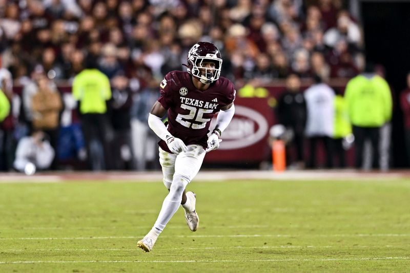 Nov 30, 2024; College Station, Texas, USA; Texas A&M Aggies defensive back Dalton Brooks (25) runs a route during the second half against the Texas Longhorns. The Longhorns defeated the Aggies 17-7 at Kyle Field. Mandatory Credit: Maria Lysaker-Imagn Images