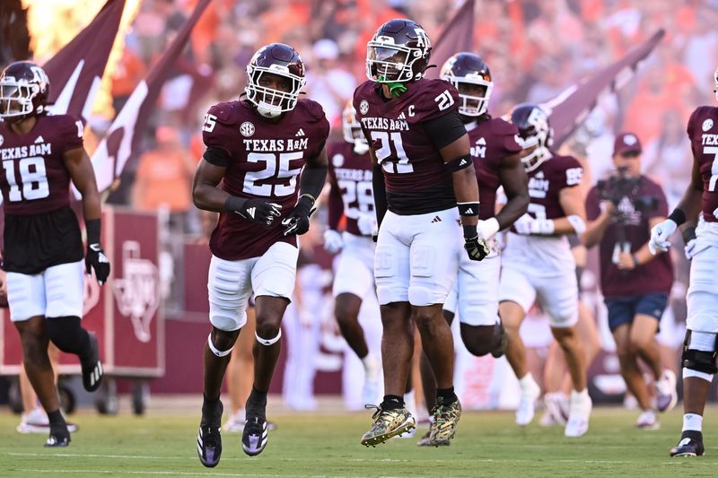 Sep 21, 2024; College Station, Texas, USA; Texas A&M Aggies linebacker Taurean York (21) runs onto the field prior to the game against the Bowling Green Falcons at Kyle Field. Mandatory Credit: Maria Lysaker-Imagn Images.
