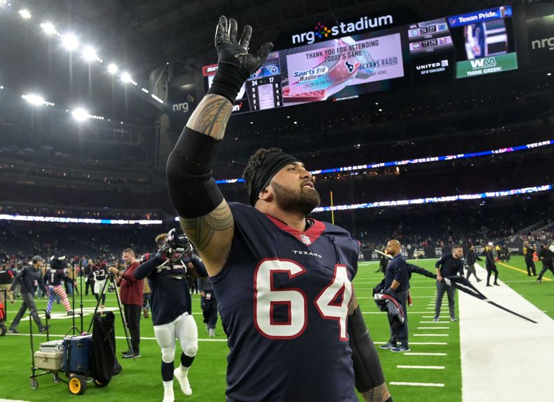 Nov 26, 2018; Houston, TX, USA; Houston Texans offensive guard Senio Kelemete (64) acknowledges the crowd after the game against the Tennessee Titans at NRG Stadium. Mandatory Credit: Kirby Lee-USA TODAY Sports