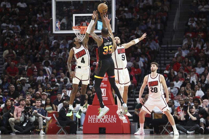 Mar 12, 2025; Houston, Texas, USA; Houston Rockets guard Jalen Green (4) and forward Dillon Brooks (9) defend against Phoenix Suns forward Kevin Durant (35) during the third quarter at Toyota Center. Mandatory Credit: Troy Taormina-Imagn Images