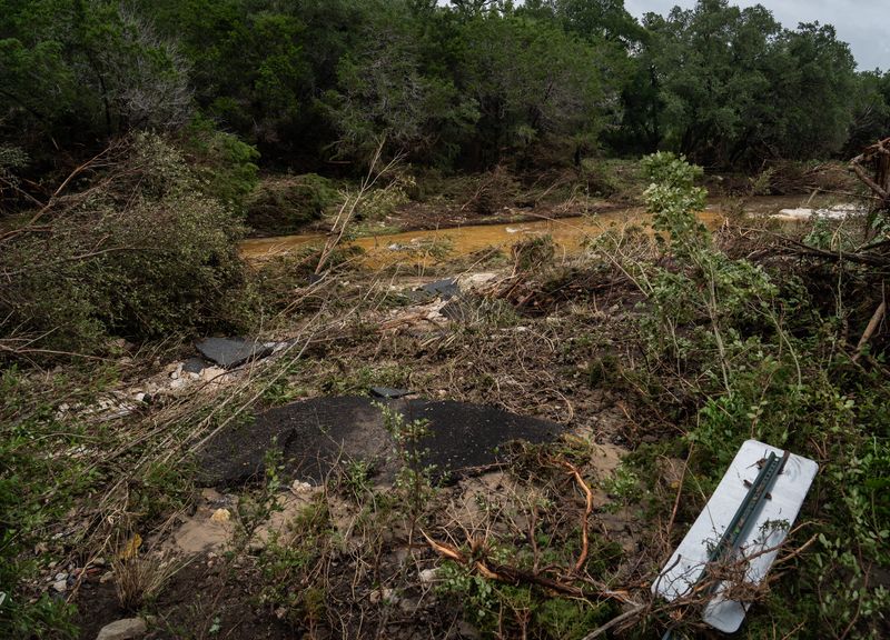 Flood damage in the Bingham Creek area outside Leander on Round Mountain Road, June 6, 2025 after floods caused widespread damage and evacuations in the area the day before.