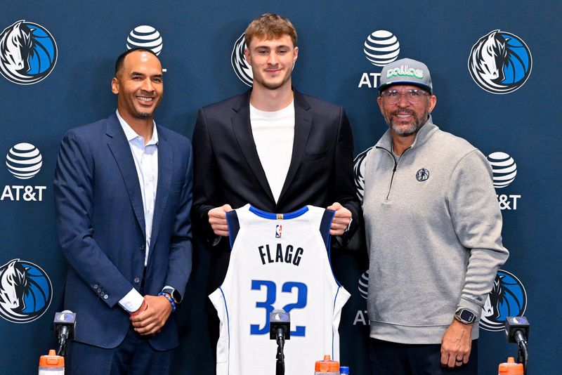 Jun 27, 2025; Dallas, TX, USA; (from left) Dallas Mavericks general manager Nico Harrison and Mavericks first overall pick Cooper Flagg and head coach Jason Kidd pose for a photo at the Dallas Mavericks Practice Facility. Mandatory Credit: Jerome Miron-Imagn Images