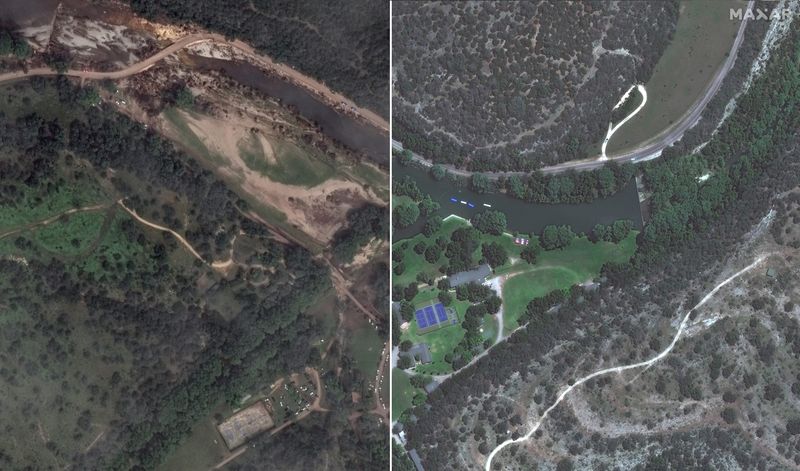 A splitscreen of before and after satellite images show Camp Mystic and the Guadalupe River in Hunt, Texas.