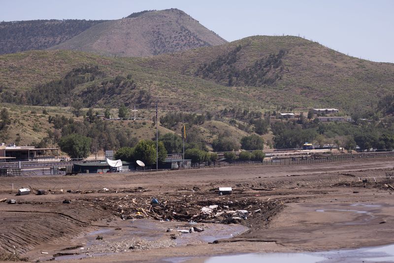 Debris and damage are seen at Ruidoso Downs Racetrack on July 9, 2025, after historic flooding the day before in Ruidoso, New Mexico.
