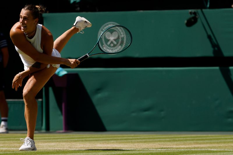 July 10: Aryna Sabalenka serves against Amanda Anisimova in their semifinal on Day 11 of Wimbledon.