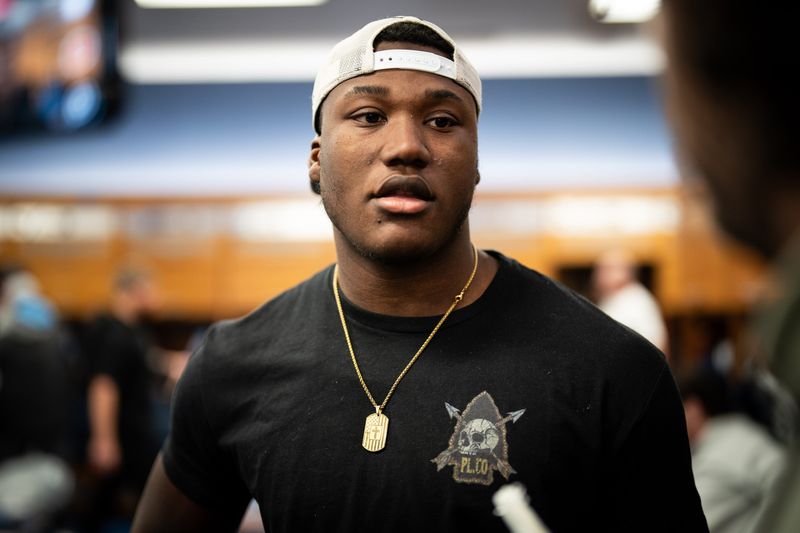 Tennessee Titans linebacker Kenneth Murray Jr. gives an interview as the team cleans out their locker room at Ascension Saint Thomas Sports Park in Nashville, Tenn., Monday, Jan. 6, 2025.