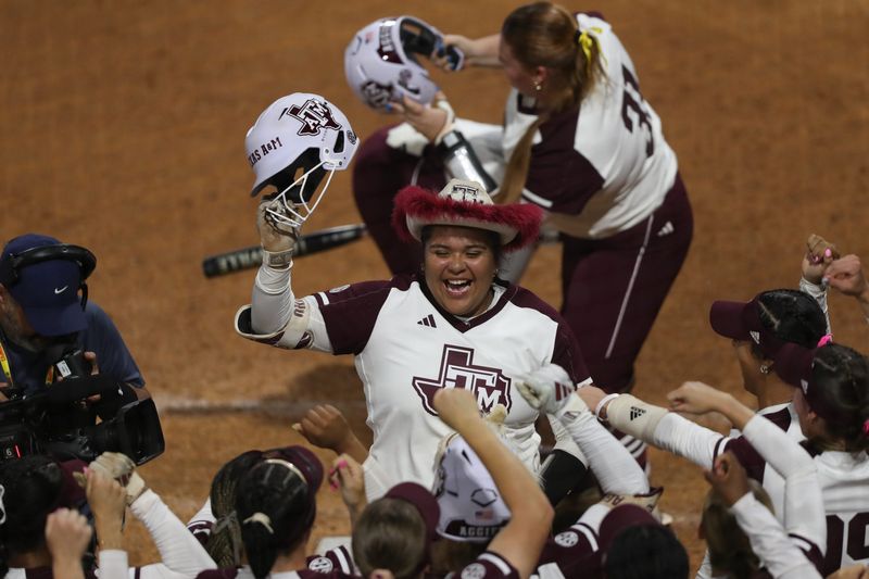 May 8, 2025; Athens, GA, USA; Texas A&M infielder Mya Perez (24) reacts after hitting a home run during a game against South Carolina at Jack Turner Stadium. Mandatory Credit: Mady Mertens-Imagn Images