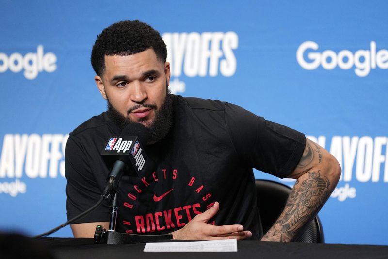 Apr 26, 2025; San Francisco, California, USA; Houston Rockets guard Fred VanVleet talks to media members after game three of first round for the 2024 NBA Playoffs at Chase Center. Mandatory Credit: Darren Yamashita-Imagn Images