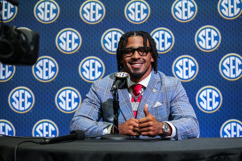 Jul 17, 2025; Atlanta, GA, USA; Texas A&M Aggies linebacker Taurean York answers questions from the media during the SEC Media Days at Omni Atlanta Hotel. Mandatory Credit: Jordan Godfree-Imagn Images