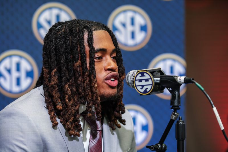 Jul 17, 2025; Atlanta, GA, USA; Texas A&M Aggies defensive back Will Lee III answers questions from the media during the SEC Media Days at Omni Atlanta Hotel. Mandatory Credit: Jordan Godfree-Imagn Images
