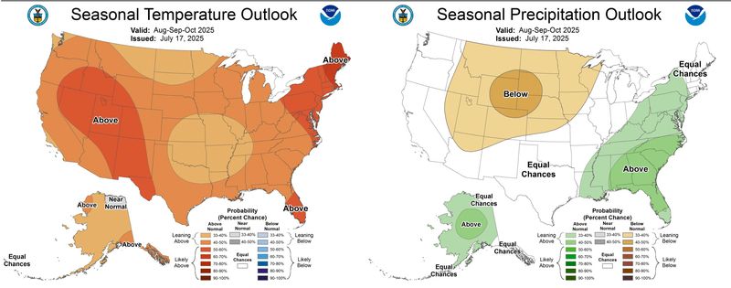 The Climate Prediction Center shows above-normal temperatures and equal chances of rainfall for Texas in August through October.