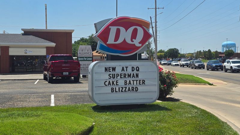 A marquee outside the Dairy Queen on Soncy Road advertises limited-time Blizzards like the Superman Cake Batter blend — a nostalgic favorite.
