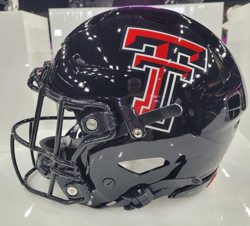 A Texas Tech football helmet is shown on July 8, 2025, at Big 12 media days at The Star in Frisco.