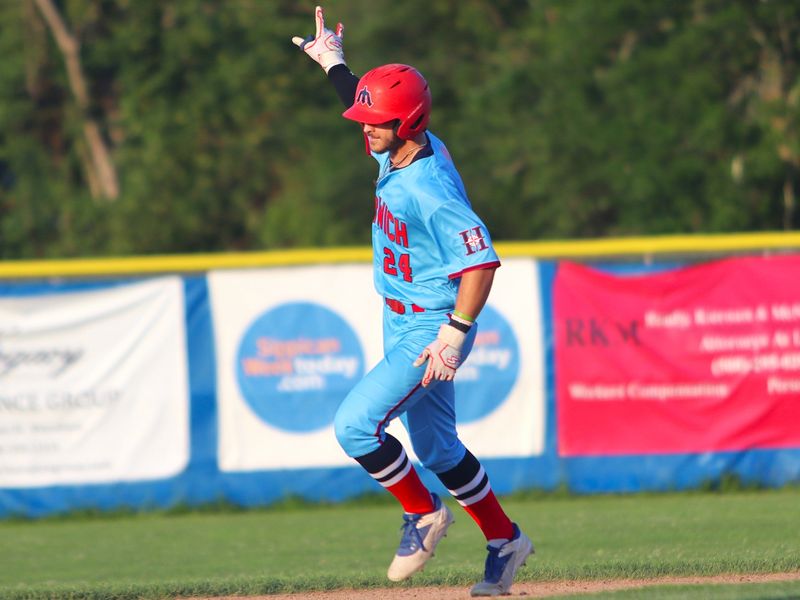 The Harwich Mariners' Aiden Robbins (Seton Hall) celebrates after hitting a home run during a Cape Cod Baseball League game against the Wareham Gatemen on July 16, 2025.