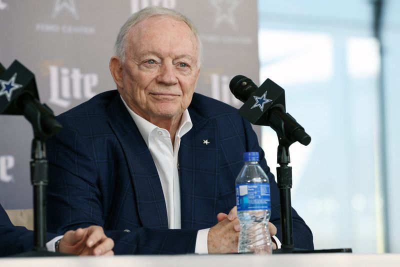 Jan 27, 2025; Frisco, TX, USA; Dallas Cowboys owner Jerry Jones speaks to the media at a press conference at the Star. Mandatory Credit: Tim Heitman-Imagn Images