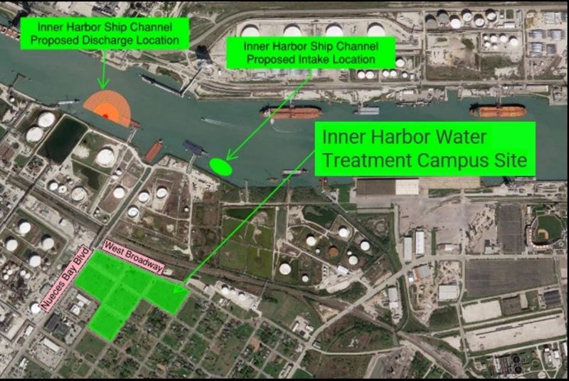 A map of the proposed Inner Harbor seawater desalination plant.