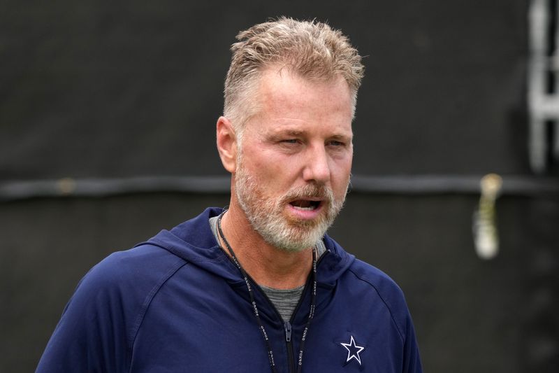 Jul 22, 2025; Oxnard, CA, USA; Dallas Cowboys defensive coordinator Matt Eberflus during training camp at the River Ridge Fields. Mandatory Credit: Kirby Lee-Imagn Images