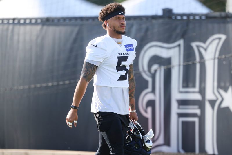 Jul 23, 2025; Houston, TX, USA; Houston Texans safety Jalen Pitre (5) during training camp at Houston Methodist Training Center. Mandatory Credit: Troy Taormina-Imagn Images