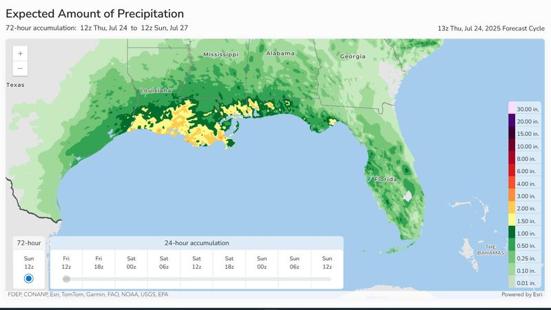 The National Weather Service shows the expected amount of precipitation through Monday.