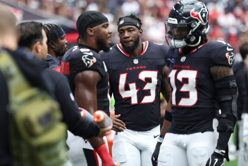Sep 29, 2024; Houston, Texas, USA; Houston Texans linebacker Neville Hewitt (43) during the game against the Jacksonville Jaguars at NRG Stadium. Mandatory Credit: Troy Taormina-Imagn Images