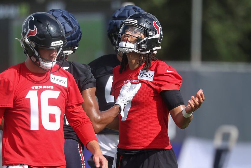 Jul 23, 2025; Houston, TX, USA; Houston Texans quarterback C.J. Stroud (7) during training camp at Houston Methodist Training Center. Mandatory Credit: Troy Taormina-Imagn Images