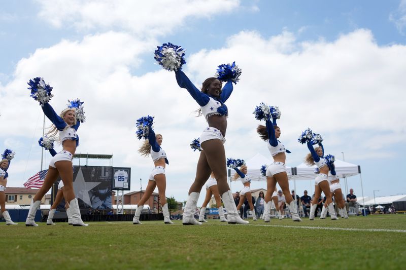 Jul 26, 2025; Oxnard, CA, USA; A Dallas Cowboys cheerleaders perform at training camp opening ceremonies at the River Ridge Fields. Mandatory Credit: Kirby Lee-Imagn Images
