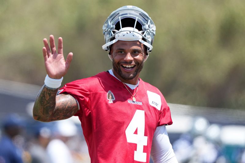 Jul 26, 2025; Oxnard, CA, USA; Dallas Cowboys quarterback Dak Prescott (4) at training camp at the River Ridge Fields. Mandatory Credit: Kirby Lee-Imagn Images