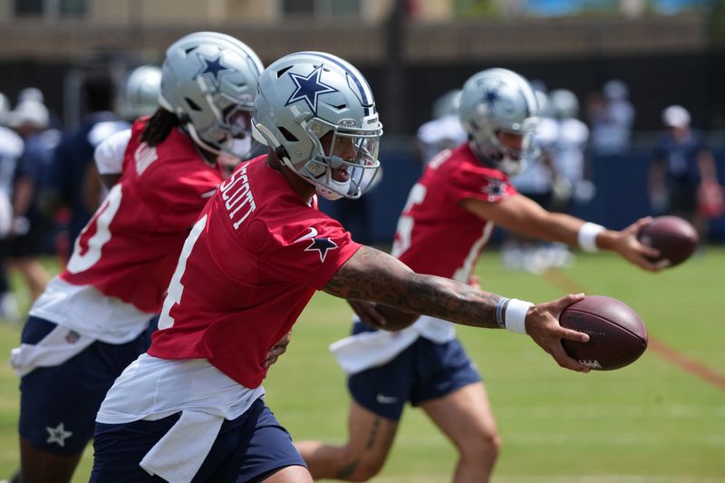 Jul 26, 2025; Oxnard, CA, USA; Dallas Cowboys quarterback Dak Prescott (4) at training camp at the River Ridge Fields. Mandatory Credit: Kirby Lee-Imagn Images