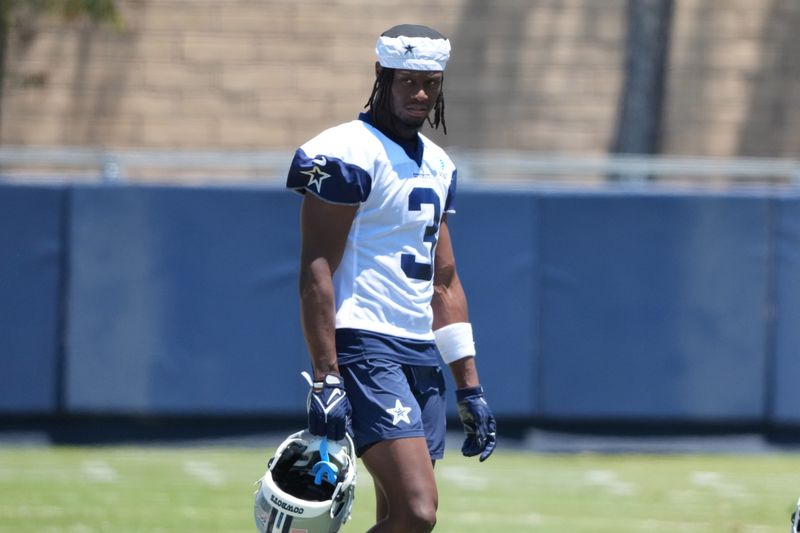 Jul 26, 2025; Oxnard, CA, USA; Dallas Cowboys receiver George Pickens (3) at training camp at the River Ridge Fields. Mandatory Credit: Kirby Lee-Imagn Images