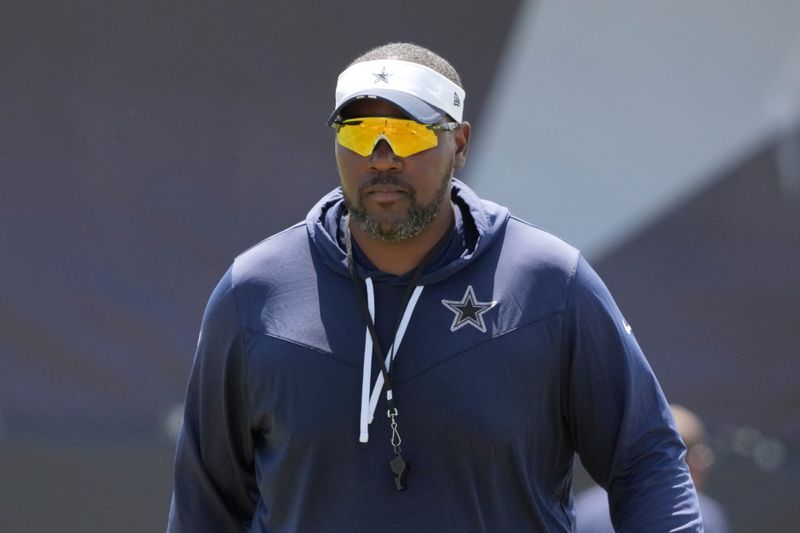 Jul 27, 2025; Oxnard, CA, USA; Dallas Cowboys assistant offensive line coach Ramon Chinyoung at training camp at the River Ridge Fields. Mandatory Credit: Kirby Lee-Imagn Images