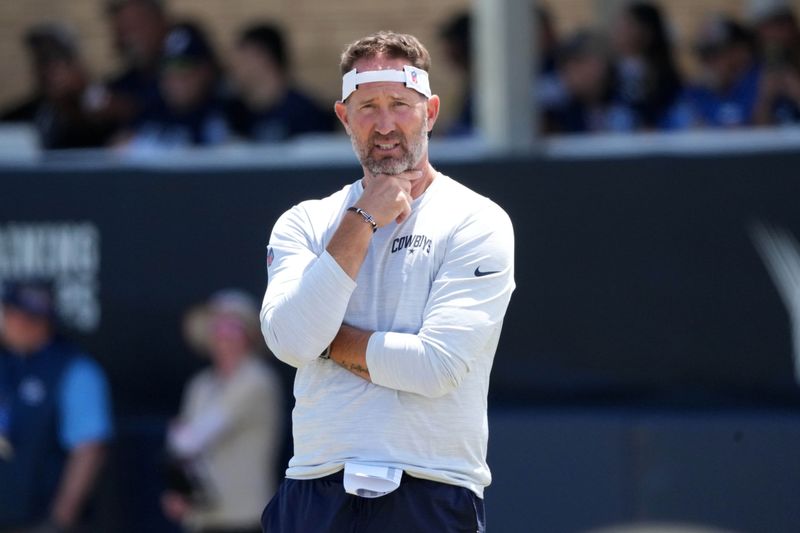 Jul 27, 2025; Oxnard, CA, USA; Dallas Cowboys coach Brian Schottenheimer at training camp at the River Ridge Fields. Mandatory Credit: Kirby Lee-Imagn Images