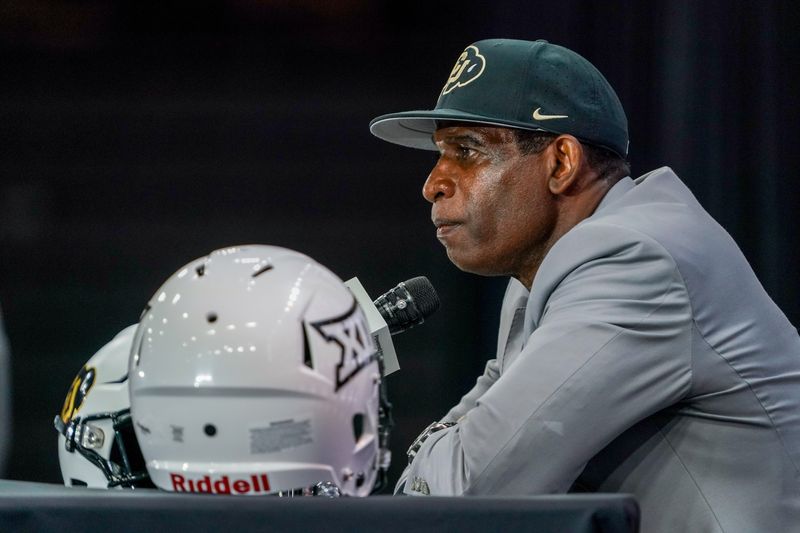 Jul 9, 2025; Frisco, TX, USA; Colorado head coach Deion Sanders speaks with the media during 2025 Big 12 Football Media Days at The Star. Mandatory Credit: Raymond Carlin III-Imagn Images