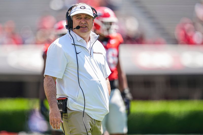 Apr 12, 2025; Athens, GA, USA; Georgia Bulldogs head coach Kirby Smart shown during the Georgia Spring game at Sanford Stadium. Mandatory Credit: Dale Zanine-Imagn Images