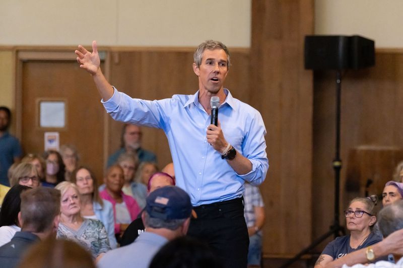 Former Democratic Texas Congressman Beto O'Rourke addresses the crowd during a town hall at the Washington Park Senior Center in Milwaukee, Wisconsin on Saturday, August 2, 2025. The town hall is part of a series of "community conversations" across the country hosted by O'Rourke's voter organization group Powered by People.