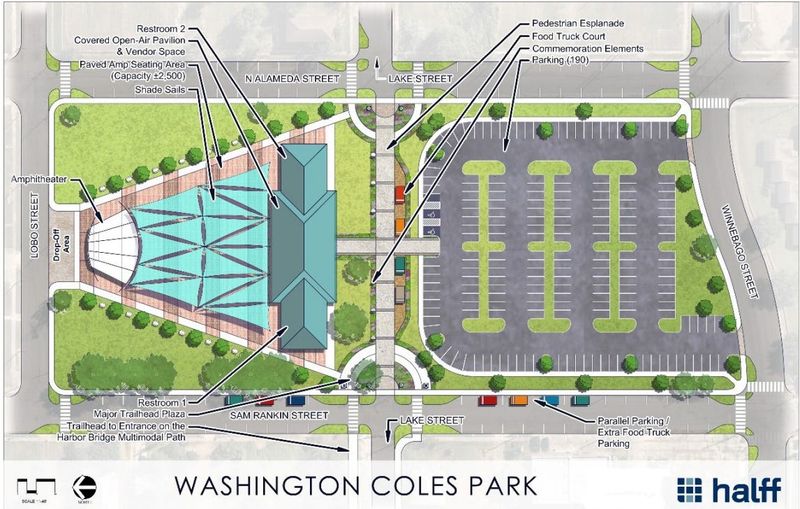Proposals to improve the site of the former Washington Elementary School campus include development of a new amphitheater, pavilion, food truck court and what is described in Corpus Christi city documents as a “major trailhead plaza.”
