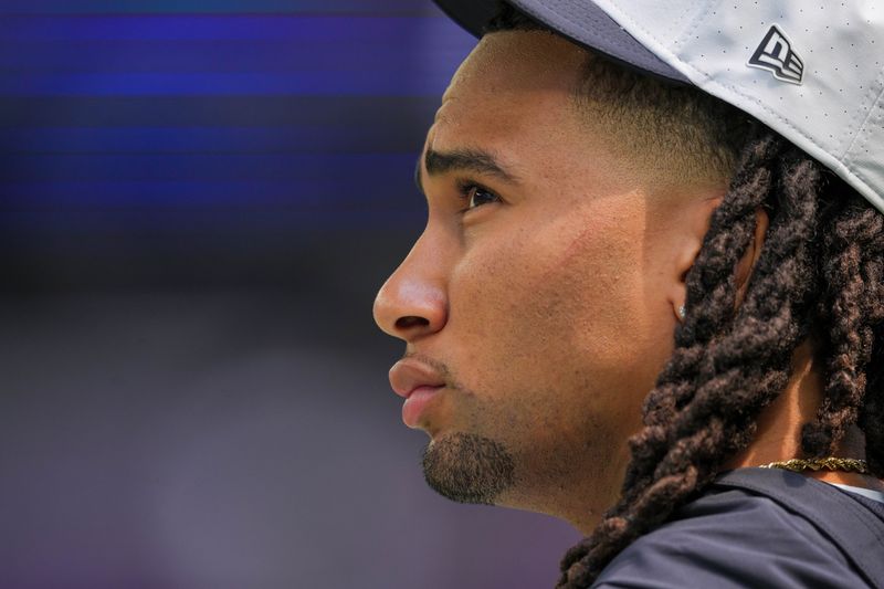 Aug 9, 2025; Minneapolis, Minnesota, USA; Houston Texans quarterback C.J. Stroud (7) before the game against the Minnesota Vikings at U.S. Bank Stadium. Mandatory Credit: Brad Rempel-Imagn Images