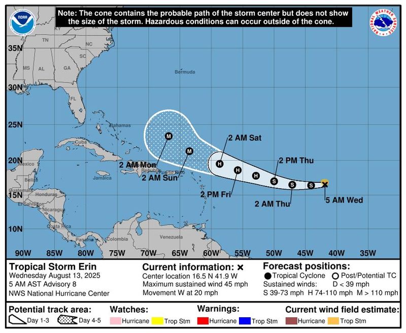 A forecast on Tropical Storm Erin in the Atlantic Ocean on Aug. 13, 2025.