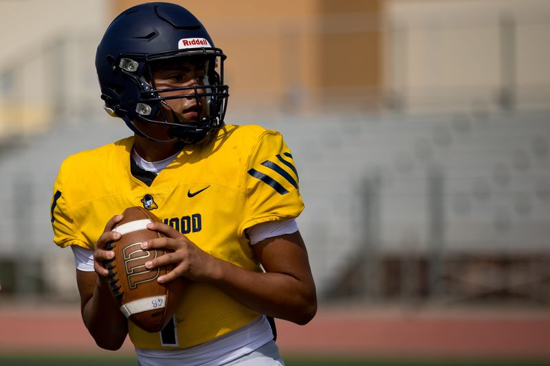 Eastwood quarterback Kingston Jeffries looks to pass the ball while running drills at practice Thursday, Aug. 14, 2025.