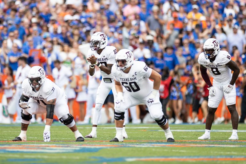 Sep 14, 2024; Gainesville, Florida, USA; Texas A&M Aggies quarterback Marcel Reed (10) prepares to hike the ball against the Florida Gators during the first half at Ben Hill Griffin Stadium. Mandatory Credit: Matt Pendleton-Imagn Images