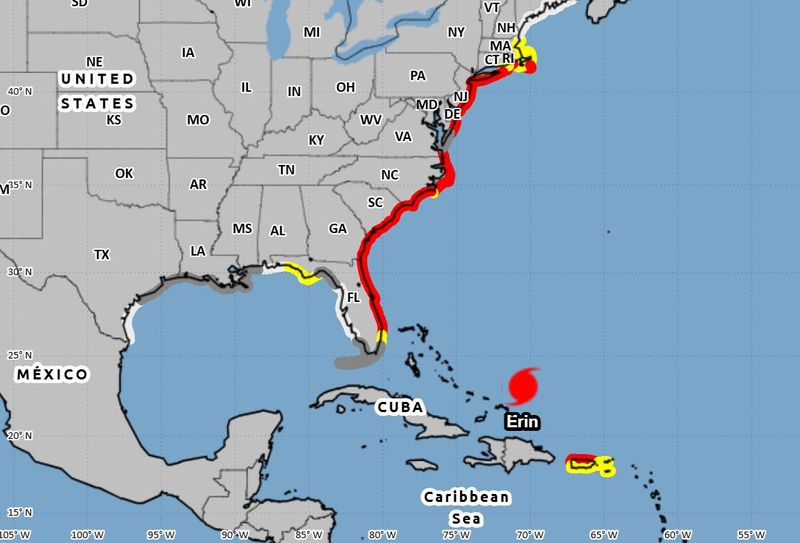 Rip current risks associated with Hurricane Erin 8 a.m. Aug. 18, 2025.