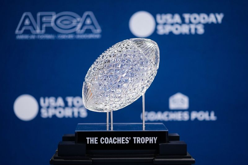 The AFCA Coaches Poll Trophy sits on display at the Ohio Union on Ohio State University's campus after Buckeyes won the 2024 national championship.