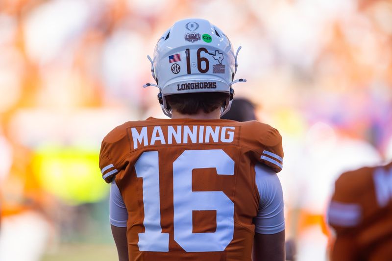 Dec 21, 2024; Austin, Texas, USA; Detailed view of the jersey of Texas Longhorns quarterback Arch Manning (16) against the Clemson Tigers during the CFP National playoff first round at Darrell K Royal-Texas Memorial Stadium. Mandatory Credit: Mark J. Rebilas-Imagn Images