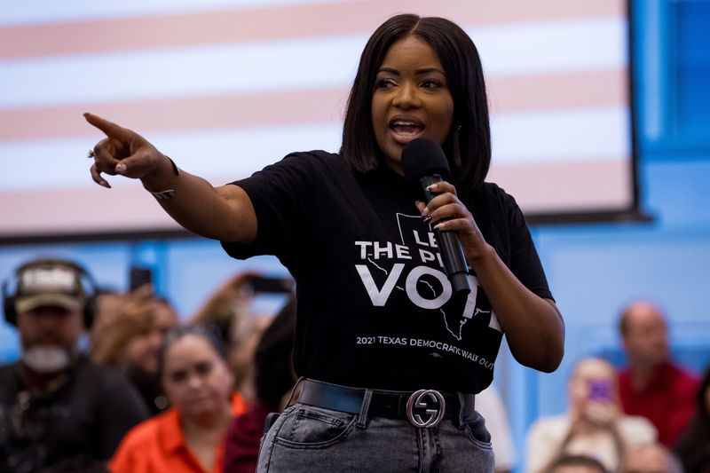 U.S. Rep. Jasmine Crockett, D-Dallas, speaks during a public event hosted by Beto O’Rourke with U.S. Reps. Veronica Escobar, D-El Paso, and Joaquin Castro, D-San Antonio, at the Elmont Event Center’s Grand Ballroom in El Paso on Wednesday, Aug. 20, 2025.