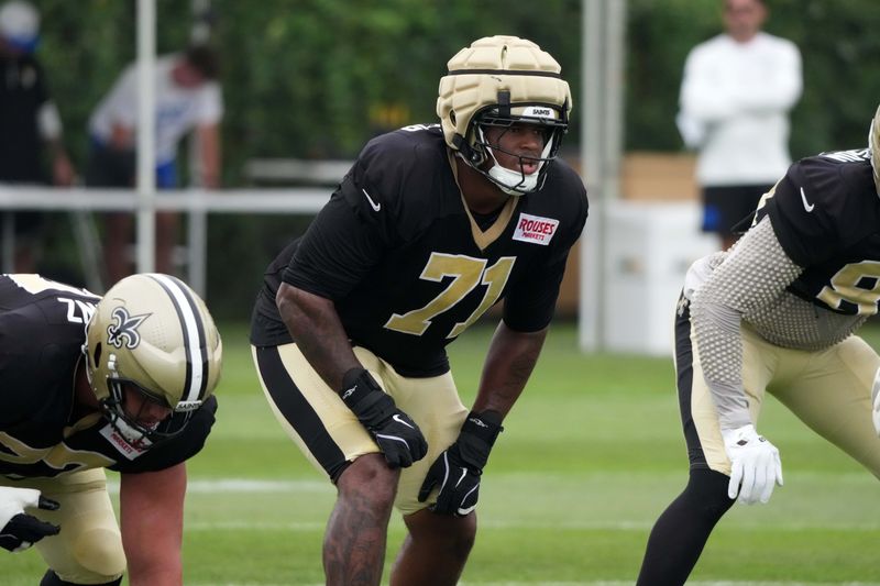 Aug 14, 2025; Carson, CA, USA; New Orleans Saints offensive tackle Kelvin Banks Jr. (71) during a joint practice against the Los Angeles Rams at the Dignity Health Sports Park. Mandatory Credit: Kirby Lee-Imagn Images