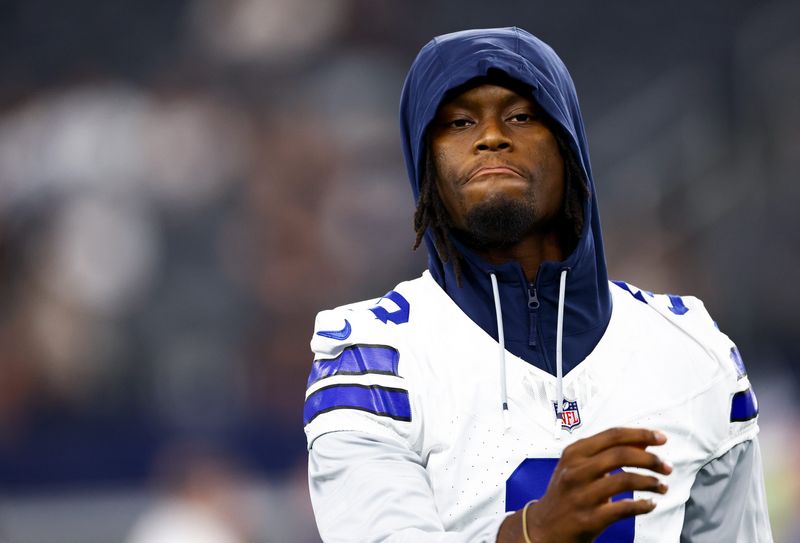 Aug 22, 2025; Arlington, Texas, USA; Dallas Cowboys wide receiver George Pickens (3) before the game against the Atlanta Falcons at AT&T Stadium. Mandatory Credit: Kevin Jairaj-Imagn Images