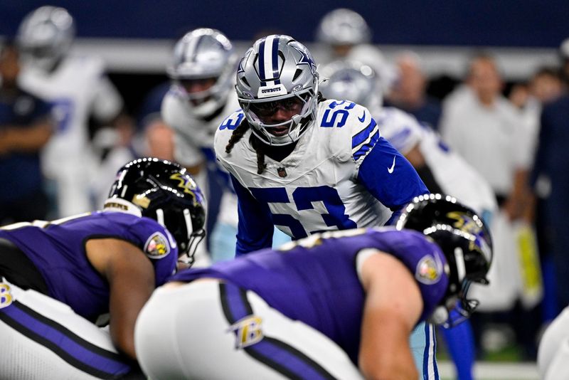 Aug 16, 2025; Arlington, Texas, USA; Dallas Cowboys linebacker James Houston (53) looks on during the game between the Dallas Cowboys and the Baltimore Ravens at AT&T Stadium. Mandatory Credit: Jerome Miron-Imagn Images
